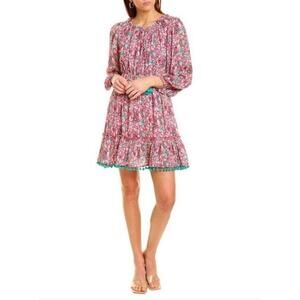 CELINA MOON Sz L Large Gauze Mini Dress Floral Pink Teal Pom Pom Trim NWT